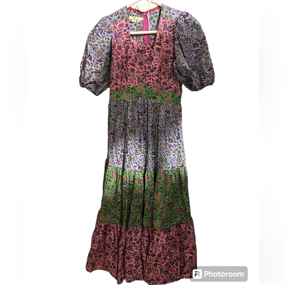 Boden Floral Puff Sleeve Tiered Midi Dress Removable Chest Piece Modest Look 2